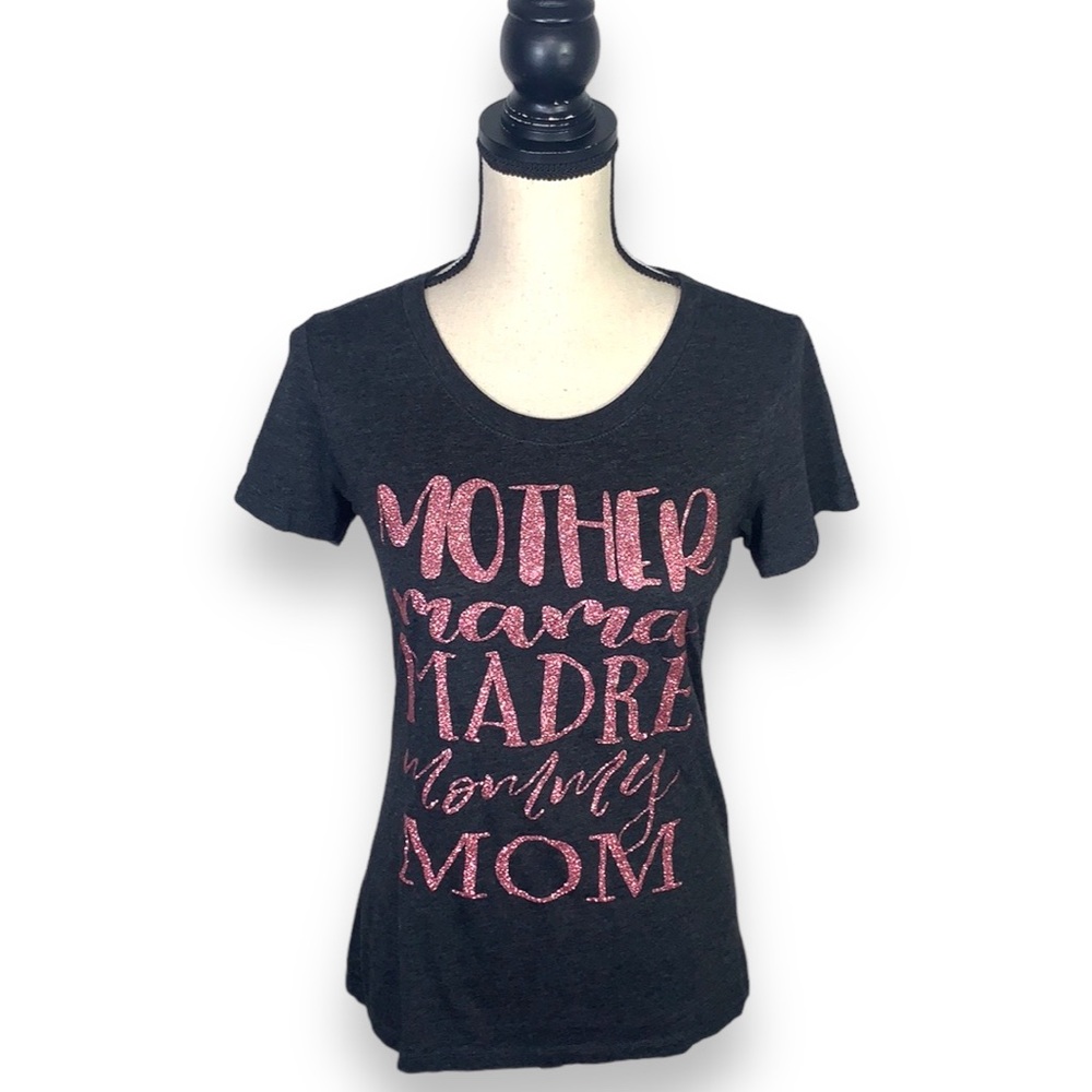 Black Glitter “Mother Mama Madre Mommy Mom” Graphic T-Shirt